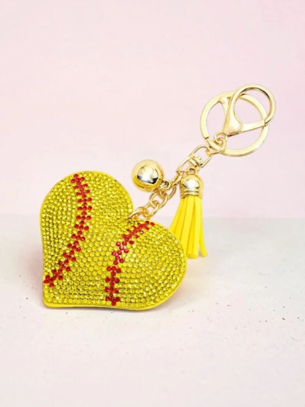 Softball Heart Tassel Bling Faux Suede Stuffed Pillow Key Chain Handbag Charm